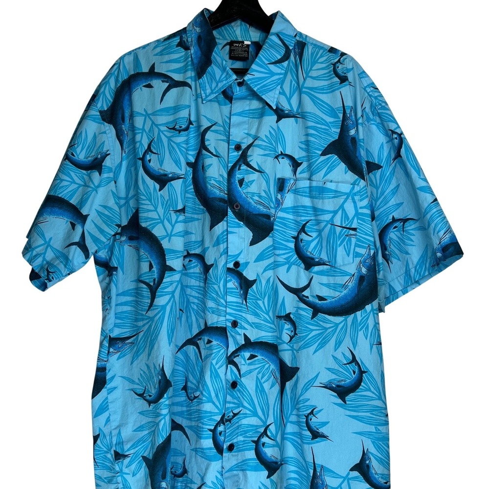 MKS Mens XXL Blue Marlin Swordfish‎ Tropical Fishing Button Up Shirt Beach